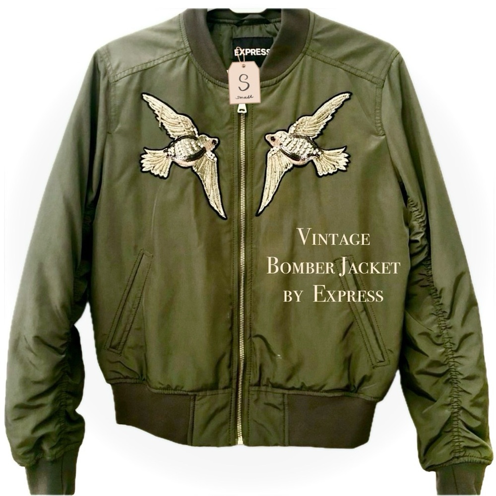Express Bomber Varsity Jacket with Crystal Embroidered Birds